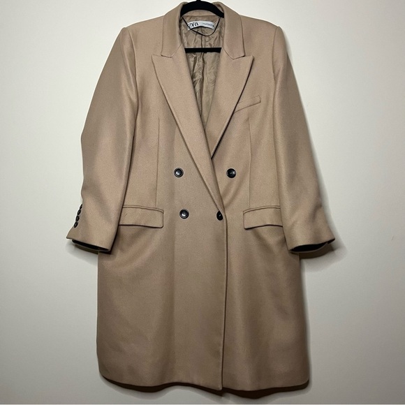 ZARA Tan Double Breasted Classic Timeless Peacoat Business Casual Winter Coat - Picture 2 of 11